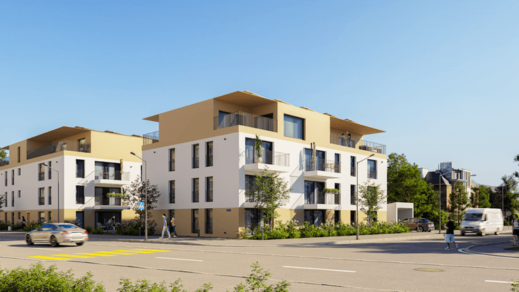 "Modern 3D visualization of an apartment complex showcasing high-quality real estate marketing by Dimitrov Visuals for property developers."