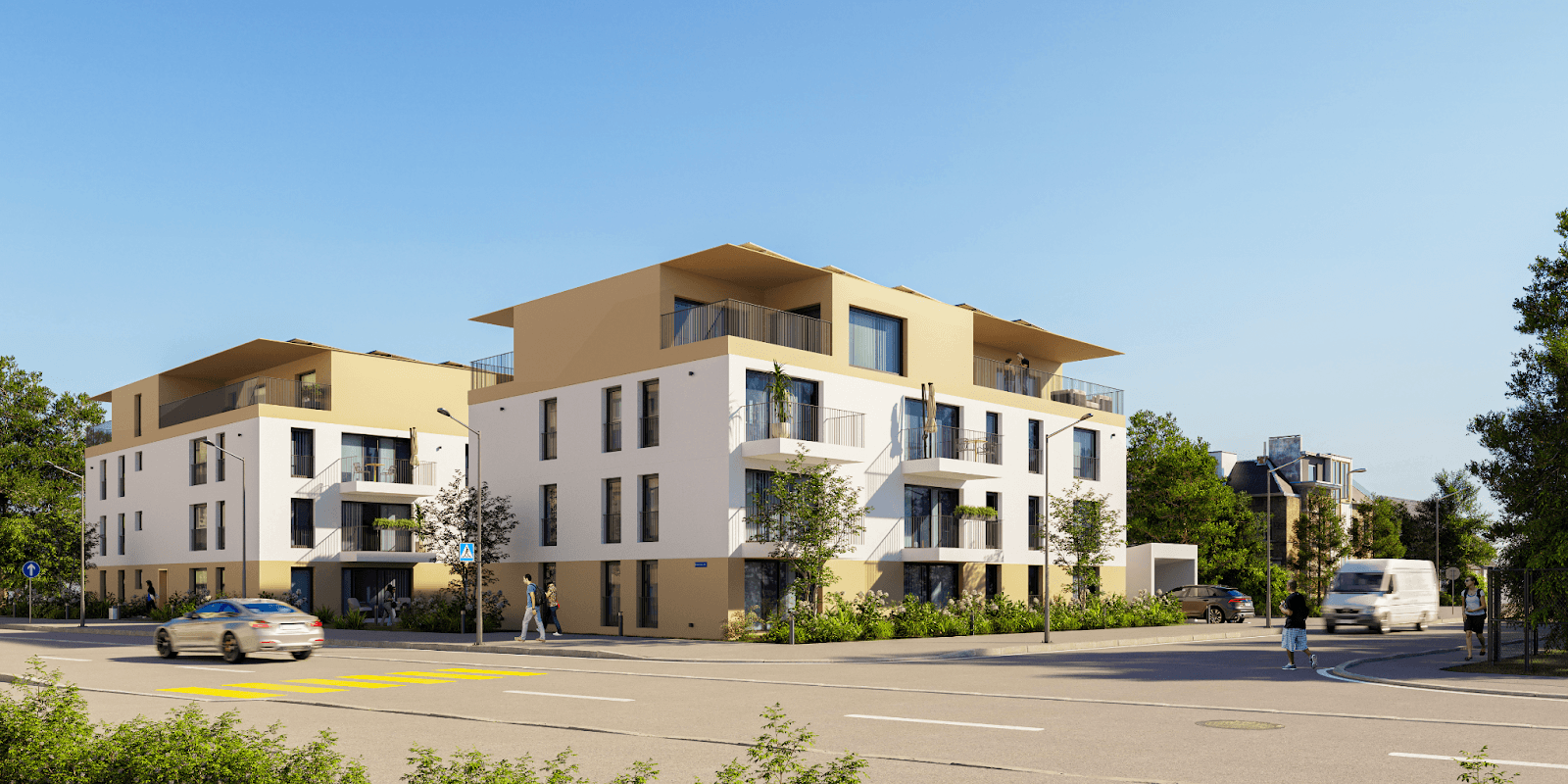 "Modern 3D visualization of an apartment complex showcasing high-quality real estate marketing by Dimitrov Visuals for property developers."