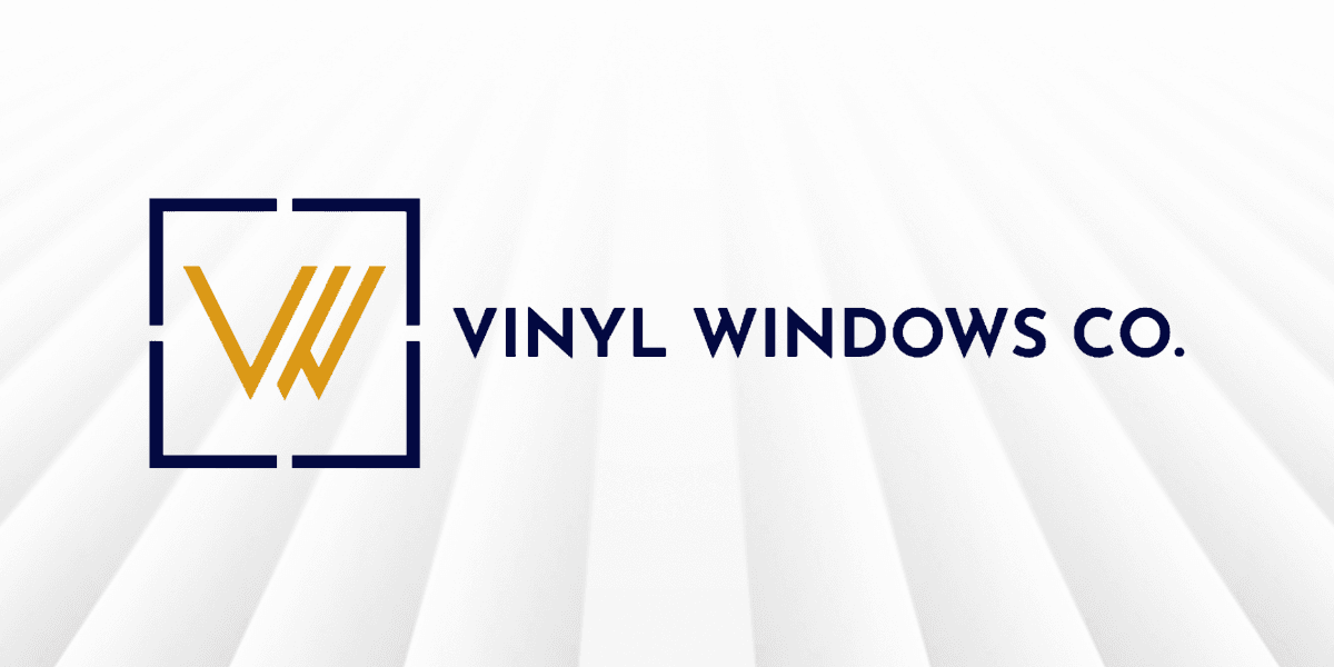 Logo for Vinyl Windows Co. with stylized letters and a geometric frame design