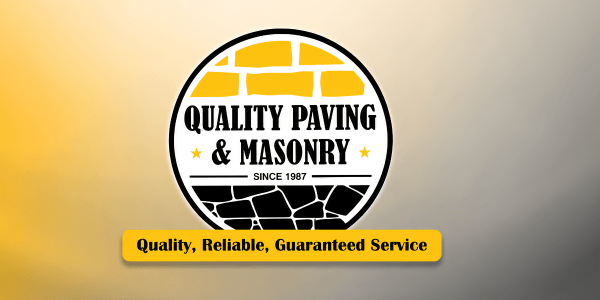 Logo for Quality Paving and Masonry featuring a stone design and service tagline
