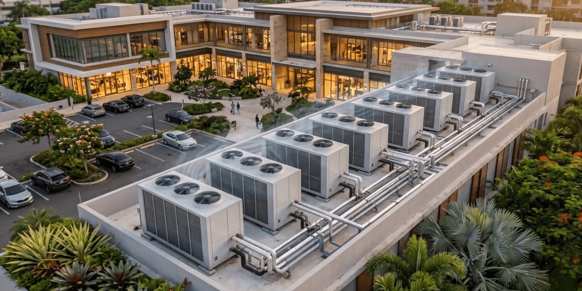 Aerial view of a modern building with large HVAC units on the roof
