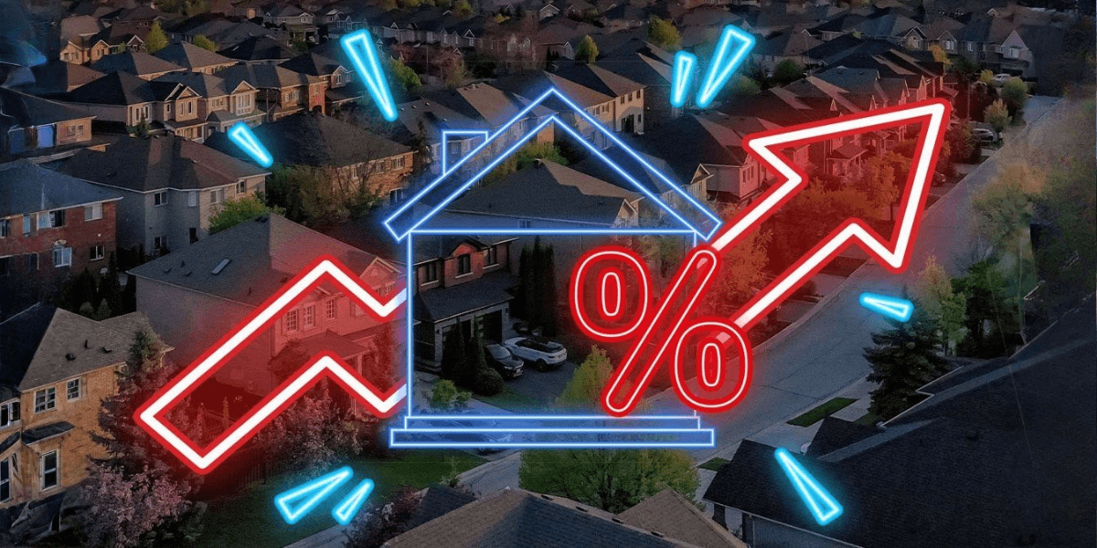 Aerial view of suburban homes with graphics of a house and an upward arrow