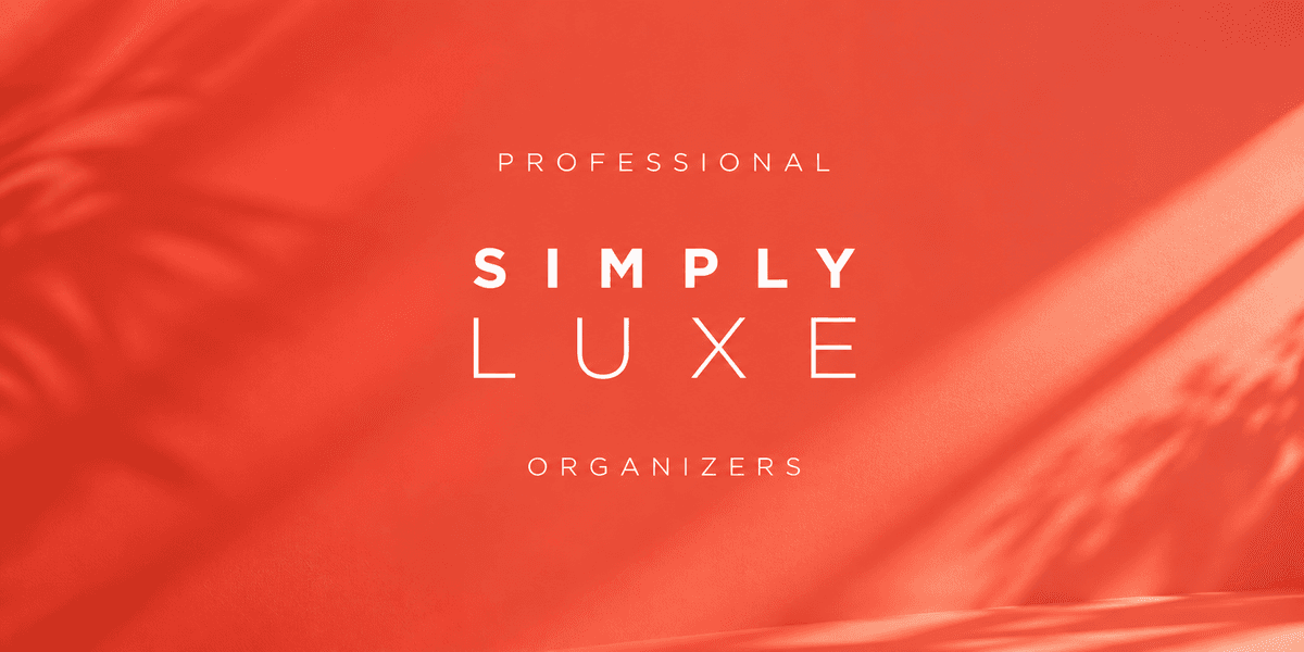 Minimalist logo design for Simply Luxe Organizers on a coral background with shadow effects