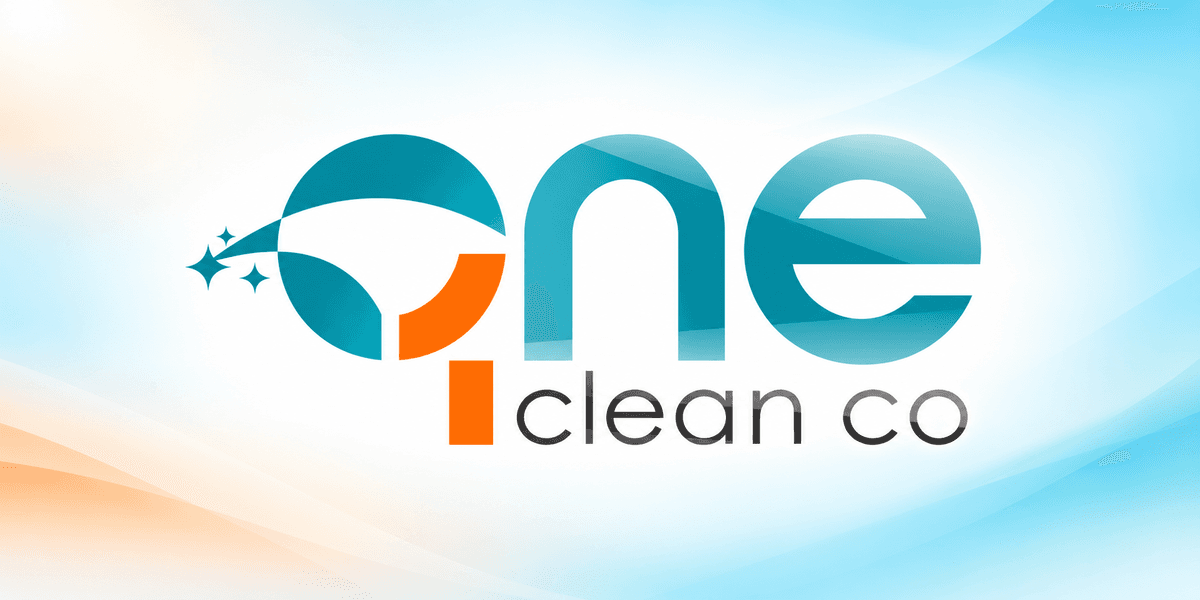 Logo design for One Clean Co featuring stylized text and sparkling elements in blue and orange