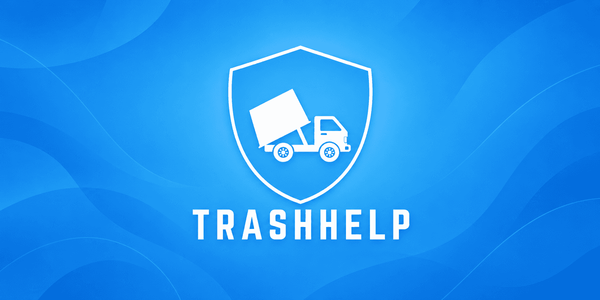 Logo design for TrashHelp featuring a moving truck inside a shield on a blue background
