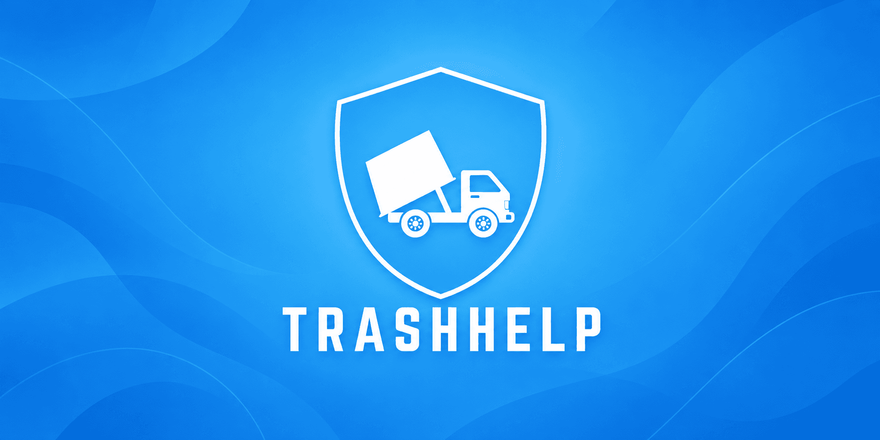 Logo design for TrashHelp featuring a moving truck inside a shield on a blue background