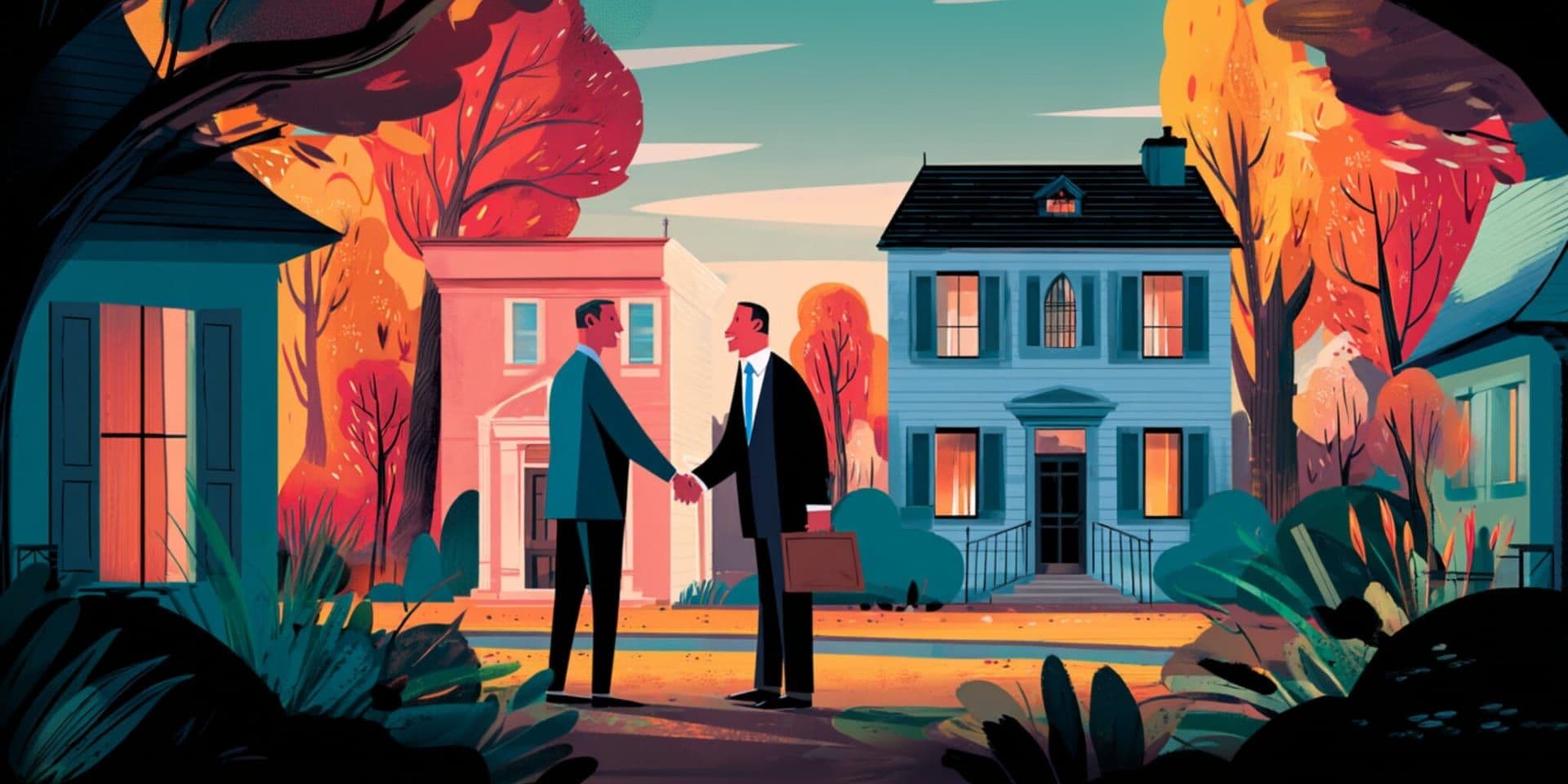 Two people shake hands in front of suburban homes, illustrating a residential sale-leaseback agreement between homeowner and investor.