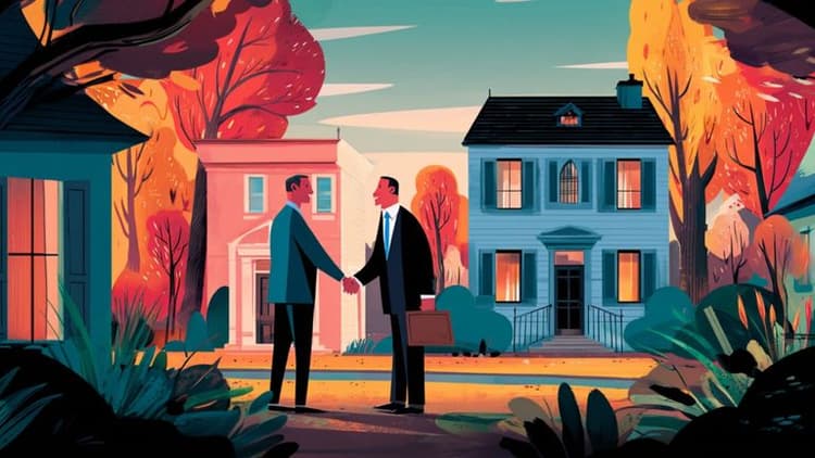 Two people shake hands in front of suburban homes, illustrating a residential sale-leaseback agreement between homeowner and investor.