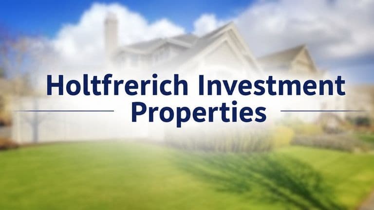 Holtfrerich Investment Properties logo over a blurred residential home with landscaped lawn.