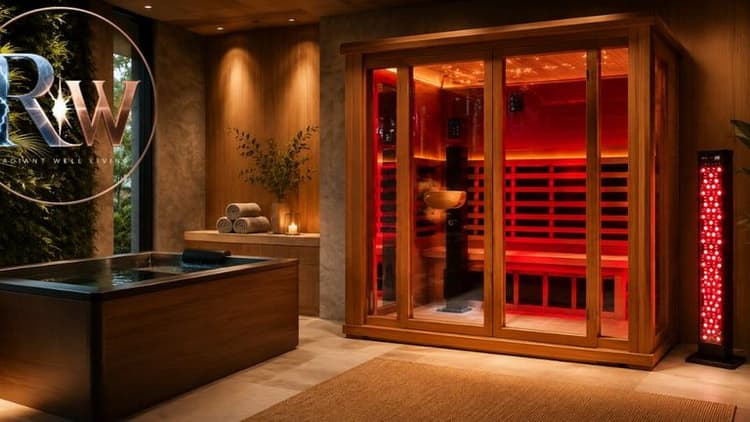 Luxury home wellness room featuring an infrared sauna, cold plunge tub, and red light therapy panel.