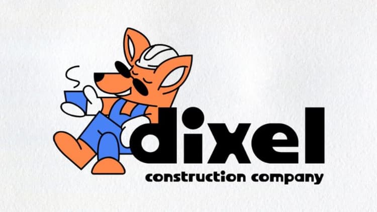 DIXEL Construction logo featuring a fox mascot in construction gear holding a coffee cup.