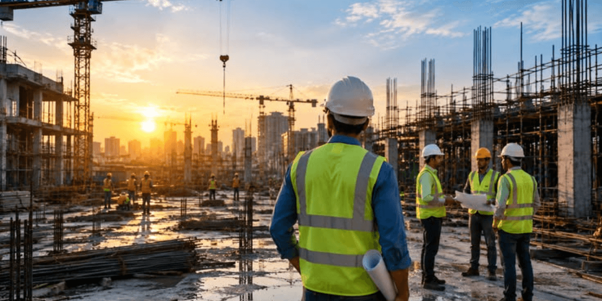Construction workers in safety gear gather with plans at a large building site with cranes and structural framing.