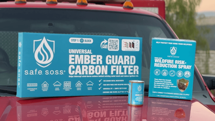 SAFE SOSS wildfire protection products displayed on a truck, including Ember Guard Carbon Filter and Wildfire Risk-Reduction Spray.