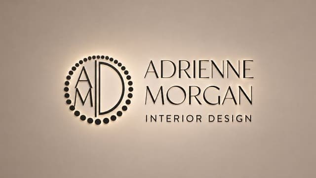 Adrienne Morgan Interior Design logo displayed on an illuminated office wall.