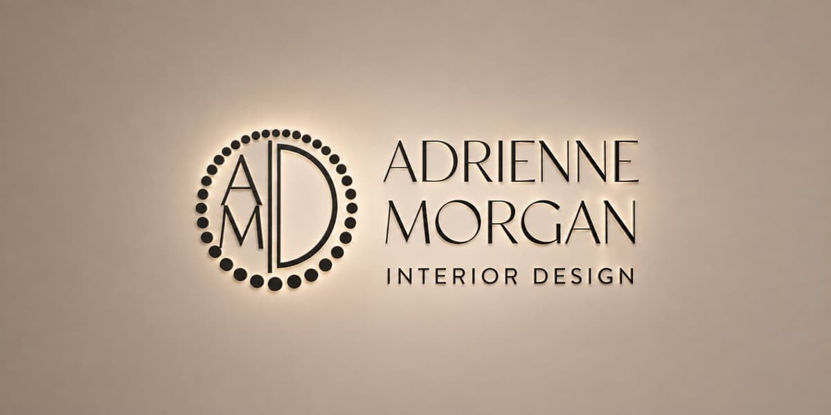 Adrienne Morgan Interior Design logo displayed on an illuminated office wall.