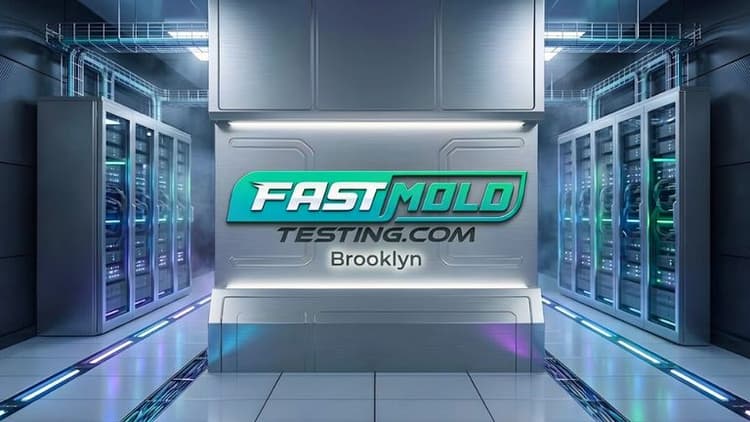 "Futuristic server room with glowing equipment racks and sleek design. 'Fast Mold Testing.com Brooklyn' logo prominently displayed on a metallic wall."