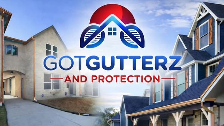 "Graphic showing two houses with gutter systems, featuring a blue and red Got Gutterz logo in the center. The tone is professional and inviting."