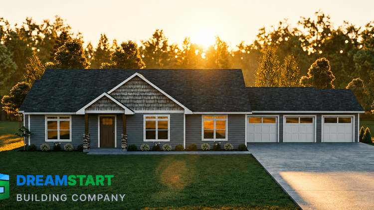 “DreamStart Building Company custom ranch-style home exterior at sunset with modern energy-efficient design.”