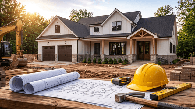 Newly built house at a construction site with blueprints, hard hat, tools, building materials, and excavator.