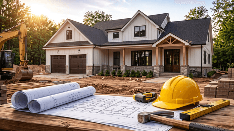 Newly built house at a construction site with blueprints, hard hat, tools, building materials, and excavator.