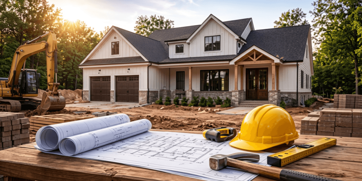 Newly built house at a construction site with blueprints, hard hat, tools, building materials, and excavator.