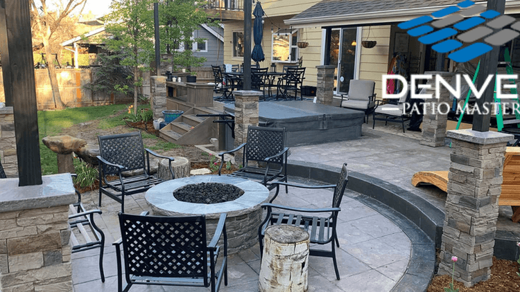 "Denver Patio Masters logo with a beautifully designed outdoor patio featuring seating, firepit, and landscaping, showcasing expert craftsmanship."