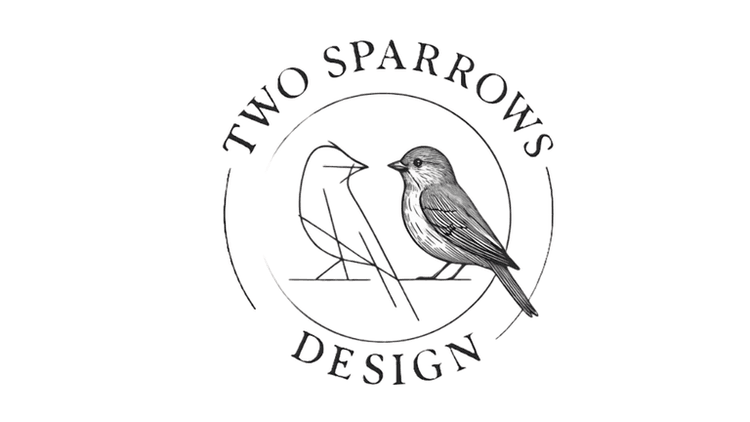 Two Sparrows Design logo featuring two stylized sparrows in flight, symbolizing creativity and collaboration in design.