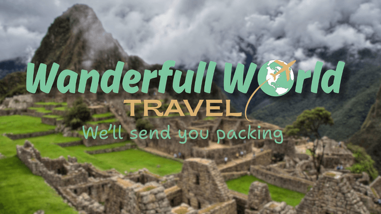 Wanderfull World Travel logo over a blurred image of Machu Picchu, with the tagline 'We'll send you packing' and a globe and airplane icon.