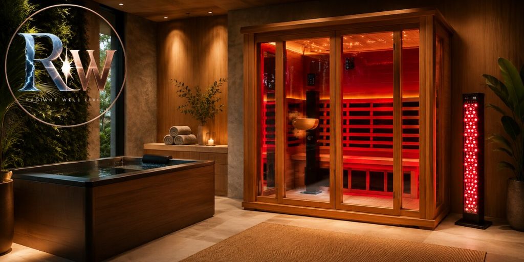 Luxury home wellness room featuring an infrared sauna, cold plunge tub, and red light therapy panel.