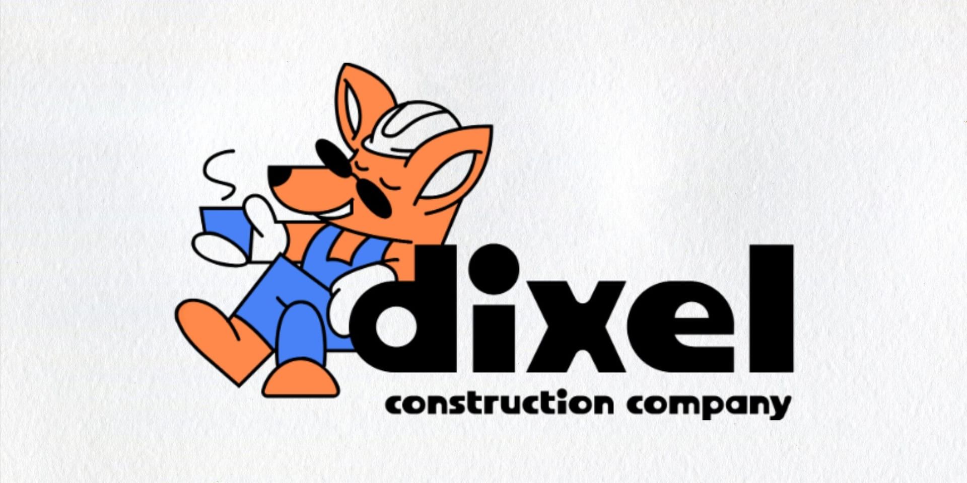DIXEL Construction logo featuring a fox mascot in construction gear holding a coffee cup.