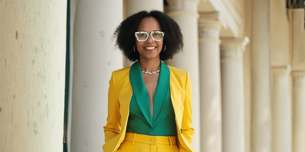 Professional woman in a vibrant yellow suit and green blouse smiling near elegant columns.