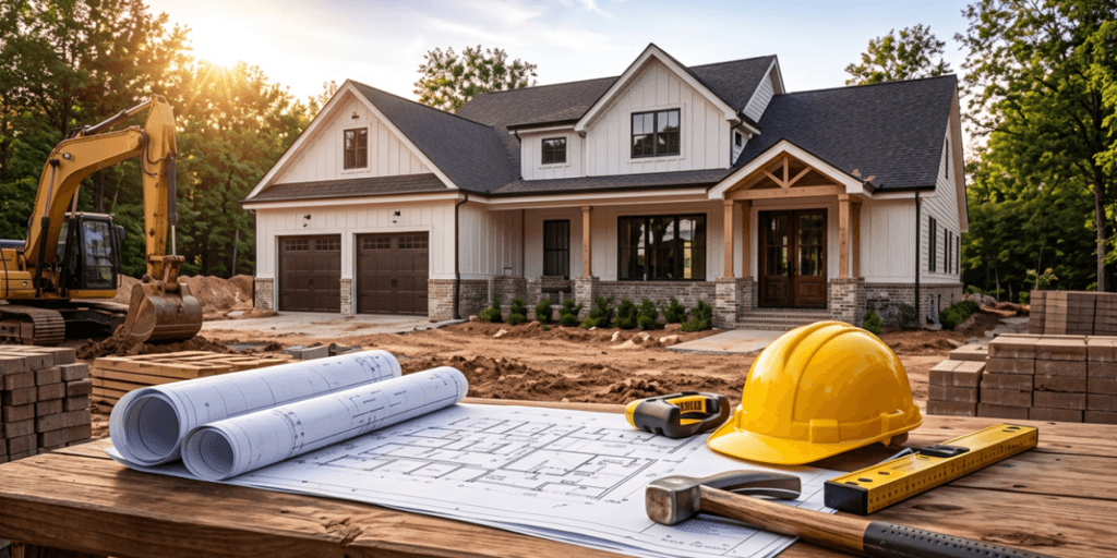 Newly built house at a construction site with blueprints, hard hat, tools, building materials, and excavator.