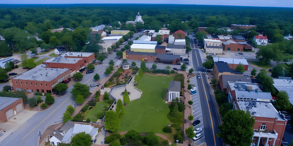 Aerial view of a small town with greenery, buildings, and a central park area