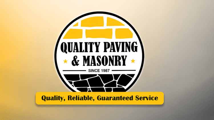 Logo for Quality Paving and Masonry featuring a stone design and service tagline