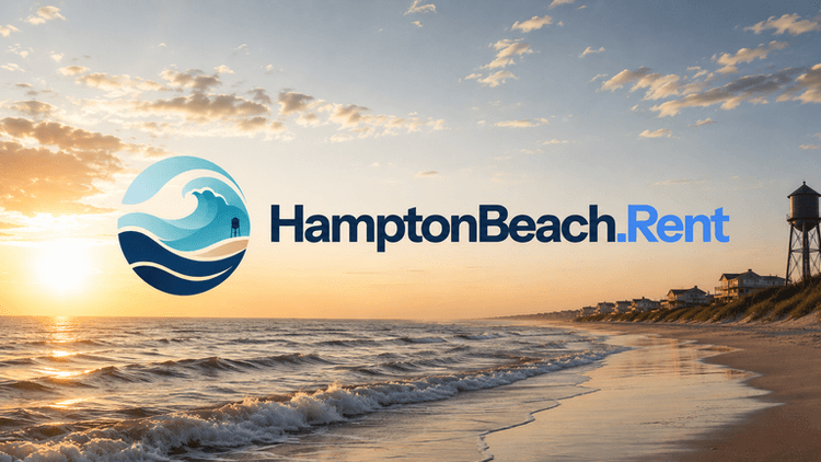 Sunrise over a beach with the logo for HamptonBeach.Rent prominently displayed