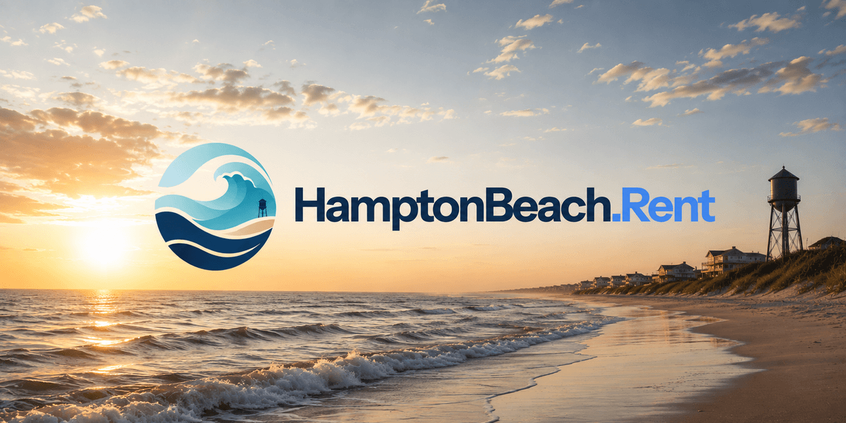 Sunrise over a beach with the logo for HamptonBeach.Rent prominently displayed