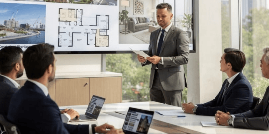 A man in a suit presents architectural plans in a modern conference room