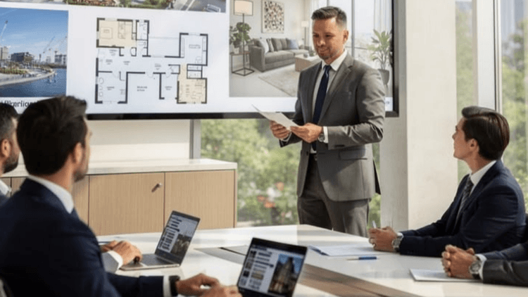 A man in a suit presents architectural plans in a modern conference room