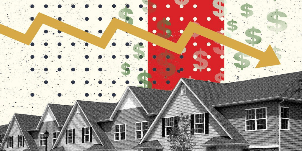 Illustration of houses with arrows and dollar signs illustrating a downward trend in property value