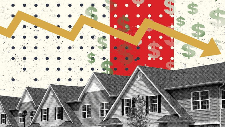 Illustration of houses with arrows and dollar signs illustrating a downward trend in property value