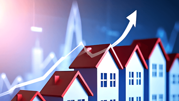 Graphical representation of rising real estate trend with houses and upward arrows