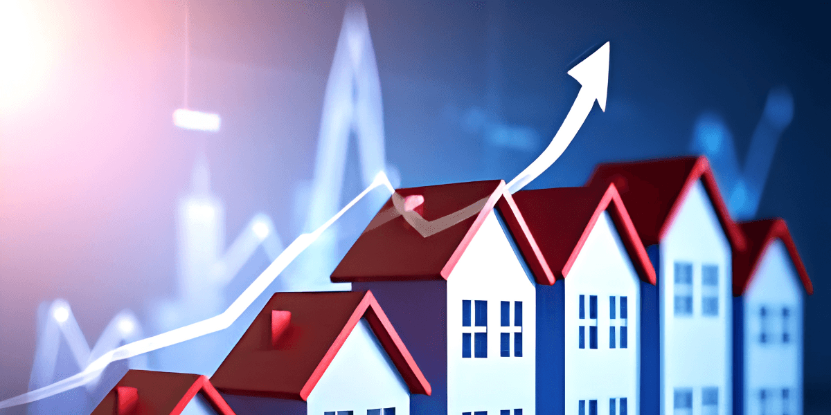 Graphical representation of rising real estate trend with houses and upward arrows