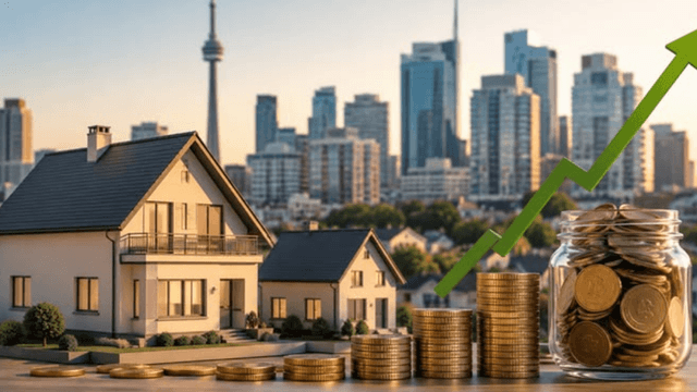 Model house with coins and a growth chart against a city skyline backdrop