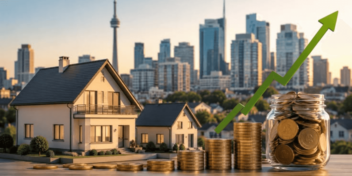 Model house with coins and a growth chart against a city skyline backdrop