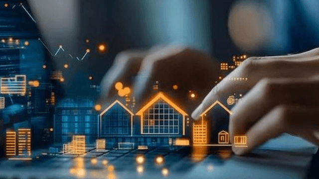 Person's hands interacting with digital real estate icons and data visualization.