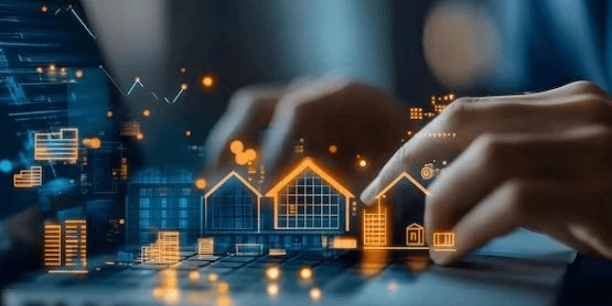Person's hands interacting with digital real estate icons and data visualization.