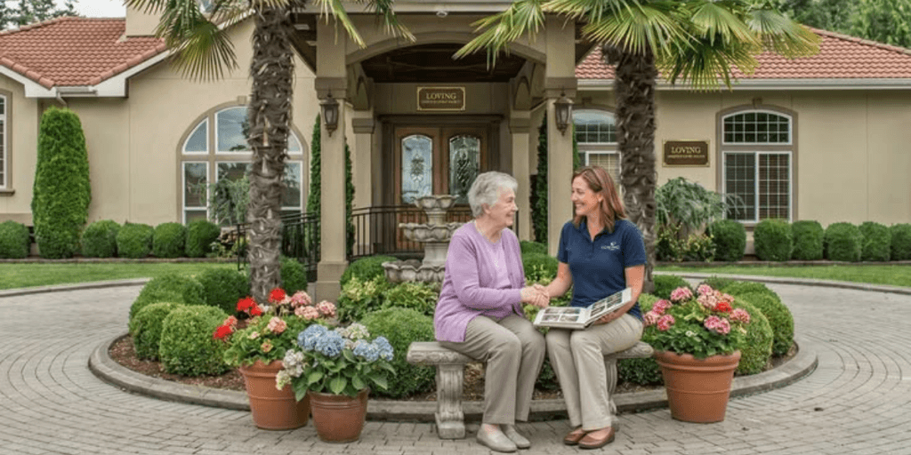 Two women sit outside a residence, discussing with flowers and greenery surrounding them