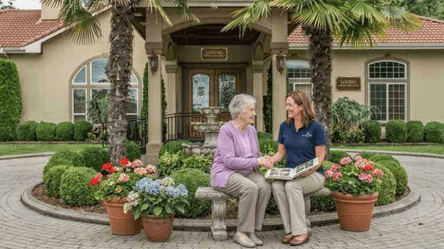 Two women sit outside a residence, discussing with flowers and greenery surrounding them