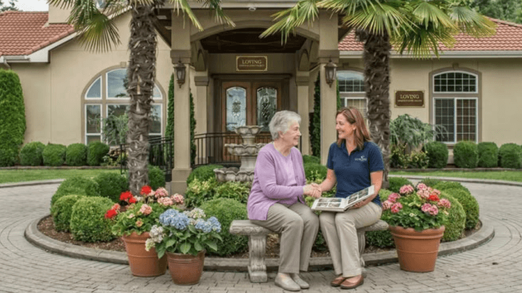Two women sit outside a residence, discussing with flowers and greenery surrounding them