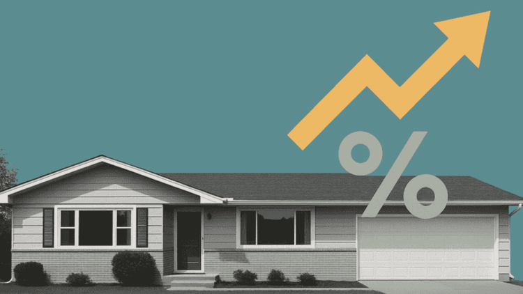 A house image with a rising graph and percentage symbol representing increasing home values